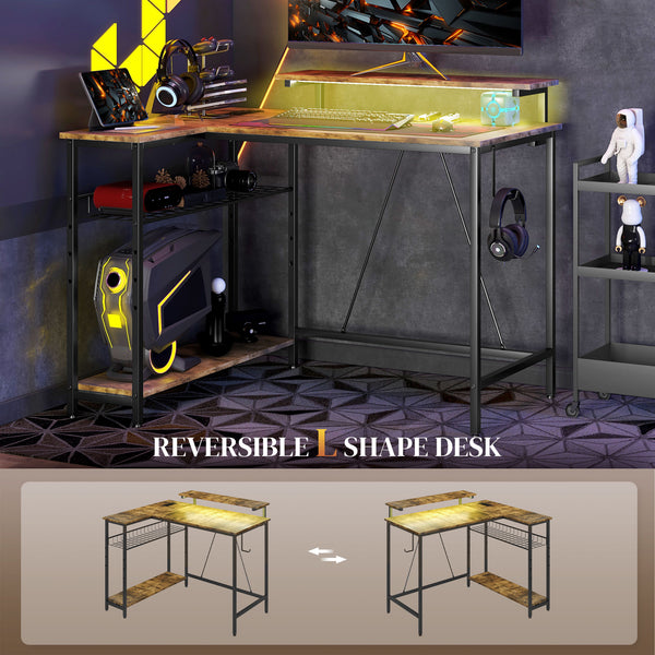 English Elm HOMCOM LED L-Shaped Desk with USB & Power Outlets, Monitor Stand, Shelves, Remote Lighting Ambience Rustic Brown W2225P217260