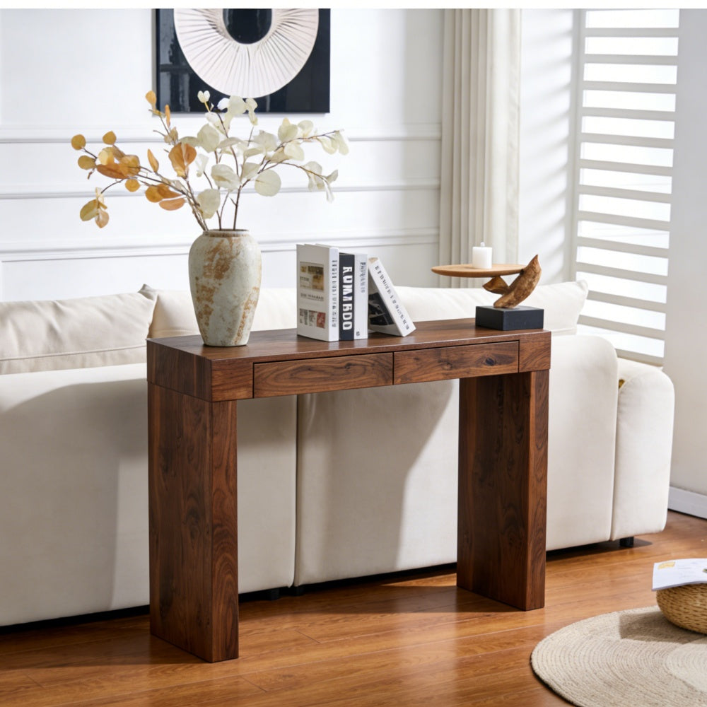 English Elm Elegant Walnut Grain Console Bar Table with Dual Drawers for Modern Entryways W2920P389984