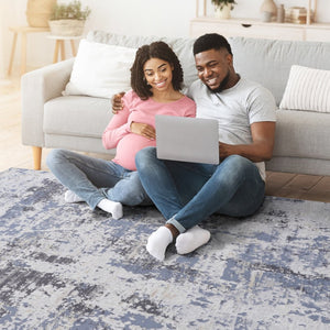 English Elm Payas Collection Modern Abstract Runner Rug In Grey & Denim - Stylish, Durable, Kid-Friendly Design B189P183551-GIGA