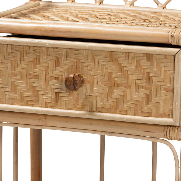 English Elm Modern Bohemian Rattan Woven Nightstand with Drawer and Open Shelf for Bedroom B2750P467647