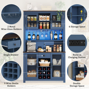 English Elm 70.9" Farmhouse Hutch Pantry with Led Lighting Wine Rack Mesh Doors and Built-in Power Navy Blue CH361426AAL