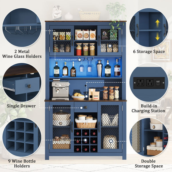 English Elm 70.9" Farmhouse Hutch Pantry with Led Lighting Wine Rack Mesh Doors and Built-in Power Navy Blue CH361426AAL