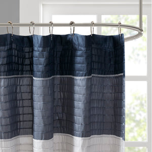 JLA Home Madison Park - Faux Silk Dupioni Shower Curtain with Pintuck Color‑Block Panels, Lightweight Drape, Machine Washable Navy MP70-2206