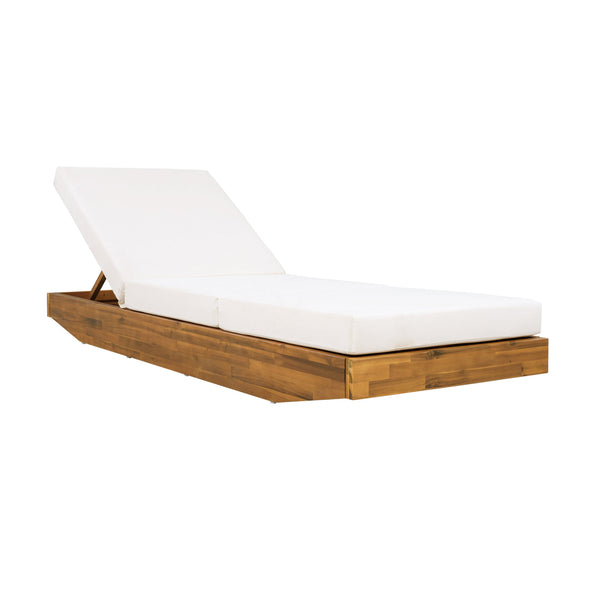 English Elm Boat-shape Acacia Wood Outdoor Chaise Lounge Slatted Teak Finish Poolside Recliner Cream,Teak N770P380117T_N770P208317C