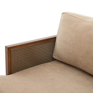 English Elm Emir Three Seat Boucle Sofa with Handwoven Cane Arms and Walnut Tapered Legs Camel N773P285909C