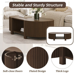 English Elm Oval Fluted Rubberwood Coffee Table with Open Storage Shelf for Living Room Walnut N735P369880D