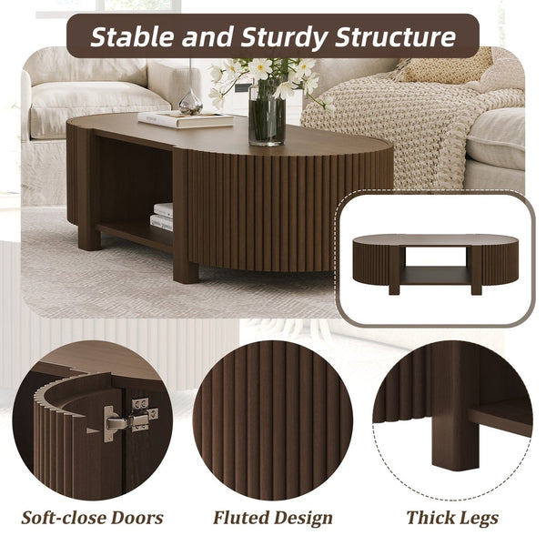 English Elm Oval Fluted Rubberwood Coffee Table with Open Storage Shelf for Living Room Walnut N735P369880D