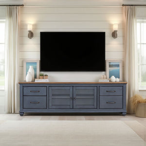 English Elm 84 Coastal Corduroy Blue TV Stand for TVs up to 90" — Solid Rubberwood, Glass Doors, Cable Management B108P193070