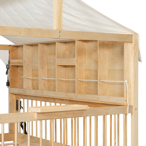 English Elm Full Size Kids House Bed with Led Bookshelf Storage Drawers and Charging Station Natural LP000378AAN