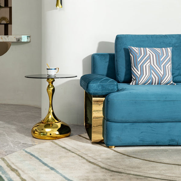 English Elm Small Round Glam Side Table Gold Metal Frame Clear Tempered Glass Top Compact Living Room W2723P262937