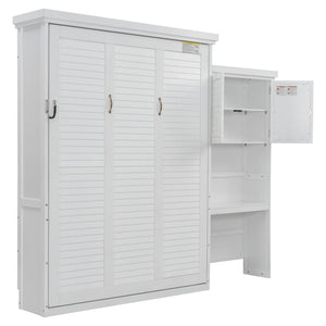 English Elm Queen Size Murphy Bed With Stylish Louvered Design, Multi-Storage Shelves, And Elegant White Finish N7090004018K-GIGA