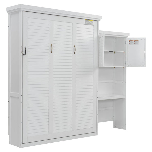 English Elm Queen Size Murphy Bed With Stylish Louvered Design, Multi-Storage Shelves, And Elegant White Finish N7090004018K-GIGA