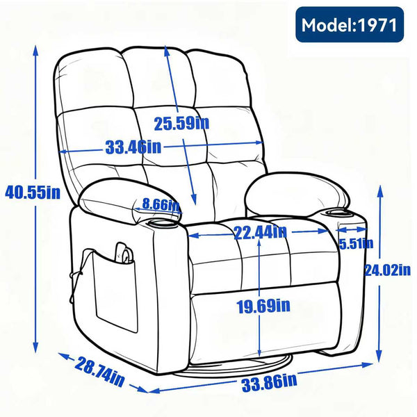 English Elm Heat Massage Rocker Swivel Recliner with Vibration Nodes Fabric Lounge Chair W5029P388740
