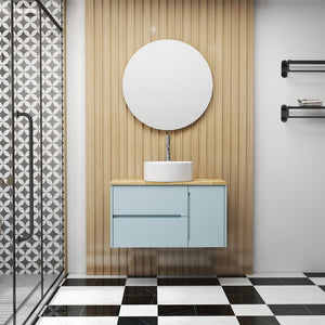 English Elm 36-Inch Modern Minimalist Wall-Mounted Bathroom Vanity With Blue Cabinet & Natural Wood Top Design W3151S00008