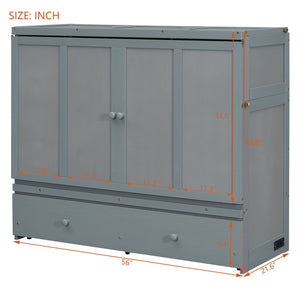 English Elm Full Size Wall Murphy Bed Cabinet with Storage Drawer and Built-in Usb Charging Gray N708P205903E