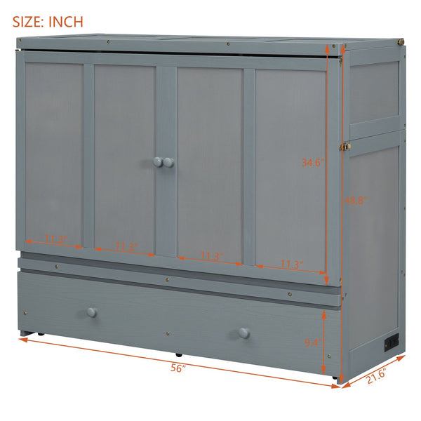English Elm Full Size Wall Murphy Bed Cabinet with Storage Drawer and Built-in Usb Charging Gray N708P205903E