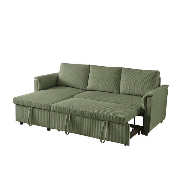 English Elm Loveseat Sectional Sleeper Sofa with Corduroy Tufted Upholstery Storage Chaise Reclining Green W2186S00014
