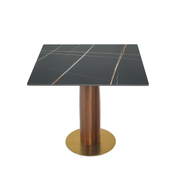 English Elm Modern Square Dining Table – 33.5" Sintered Stone & Wooden Legs, Chic Gold Base For Small Spaces W1535S00603