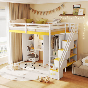English Elm Full Size Teen Loft Bed with Staircase Shelves Wardrobe Vanity and Led Lighting LT000276AAL