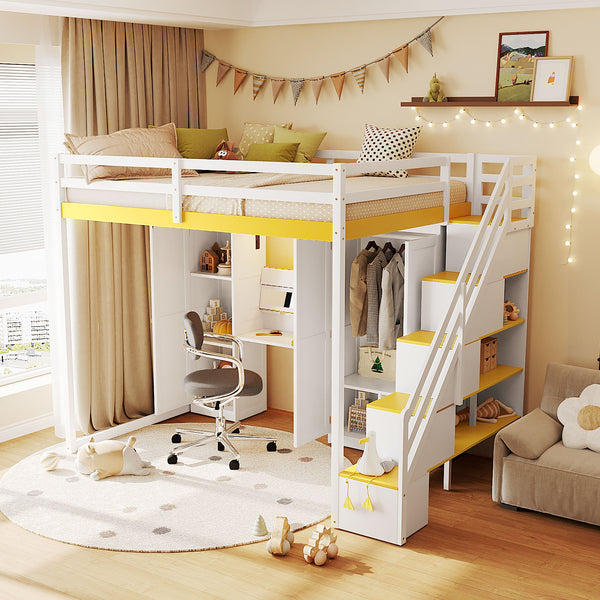 English Elm Full Size Teen Loft Bed with Staircase Shelves Wardrobe Vanity and Led Lighting LT000276AAL