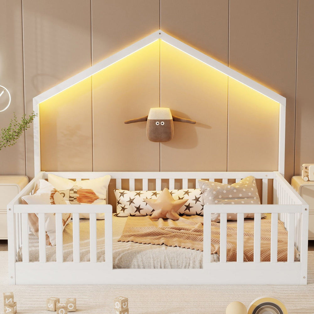 English Elm Twin Montessori Floor Bed House Frame with Led Lighting and Safety Rails for Kids White W2593P440604