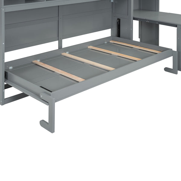 English Elm Twin Murphy Wall Bed with Integrated Closet Drawers and Desk for Studio Spaces Gray LP000595AAE-1