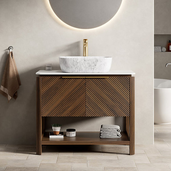 English Elm Dina Floating Bathroom Vanity Sintered Stone Top Glass Basin Striped Plywood Cabinet W2615S00512