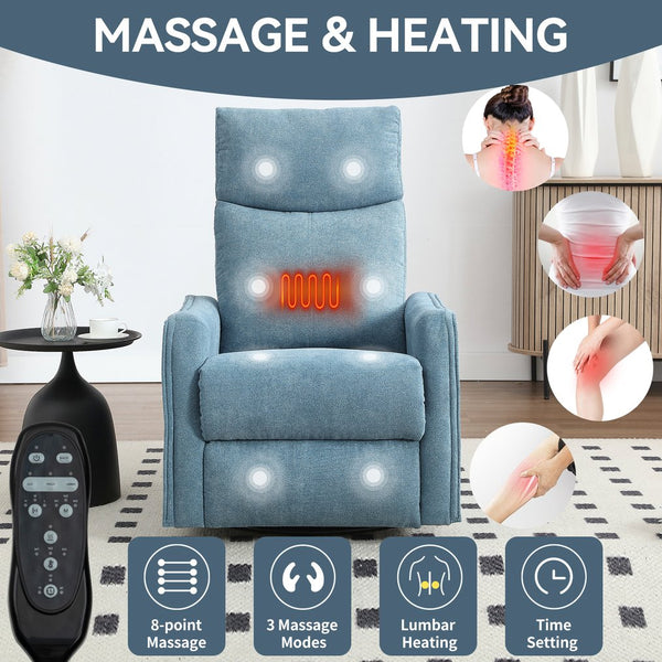 English Elm Heat Massage Rocker Recliner with Swivel Base and Vibrating Nodes for Living Room Blue W1803P251883