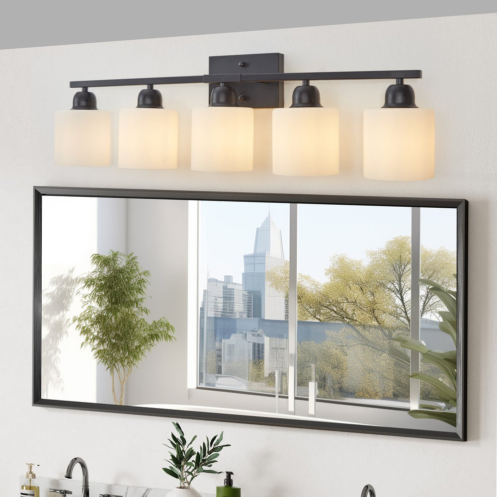 English Elm Black 5-Light Modern Vanity Light Fixture For Bathroom, Stylish Wall Sconces With Frosted Glass Shades W2312P374847