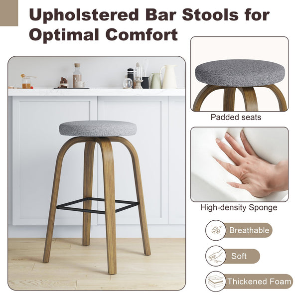 English Elm Swivel Backless Counter Stools Set of 2 with Fabric Seat Bentwood Legs Mid-century Modern Gray W3107P446889