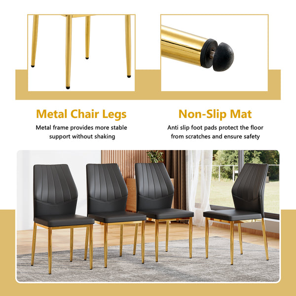English Elm Table and Chair Set Oval Tempered Glass Top with Gold Base Glam Dining Room 7 Piece Black+Gold,Transparent W1151S04726