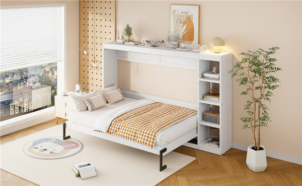 English Elm Full Full Size Murphy Bed with Bookshelf and Fold-Down Work Surface, Space-Saving LVL/MDF Design White GX002220AAK