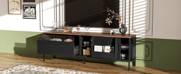 English Elm U-can Mid Century Walnut Media Console with Sliding Doors and Metal Frame for Living Rooms Black N724P360370B