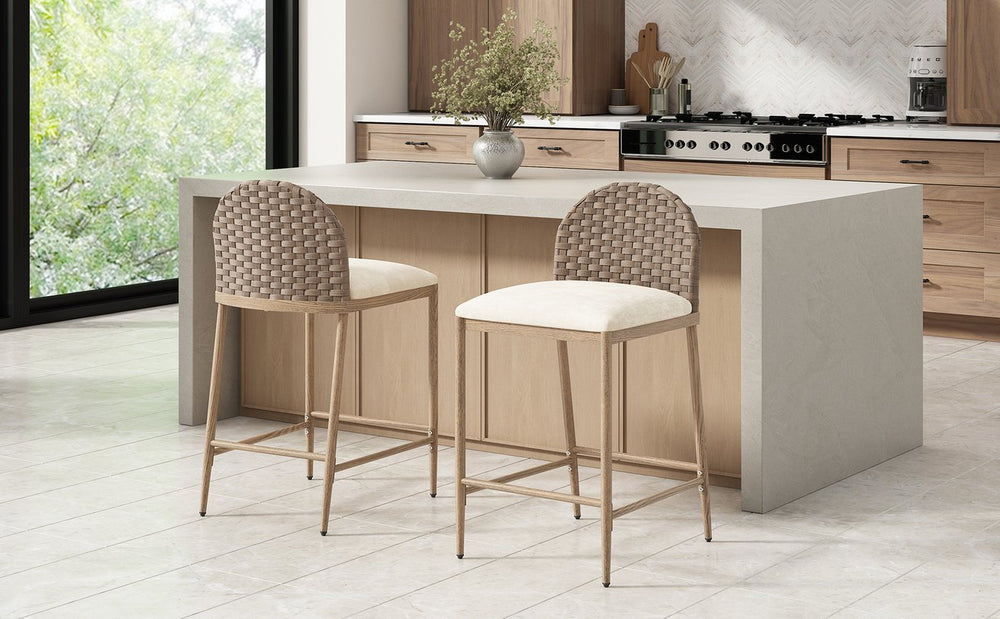 English Elm 25" Farmhouse Counter Stools Set of 2 Woven Rattan Back Iron Frame Kitchen Island N762P329154D