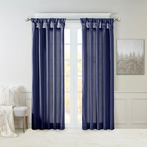 English Elm Twist Tab Lined Faux Silk Window Curtain Panel In Navy, 50X108" - Elegant Design, Enhanced Privacy B03598205-GIGA