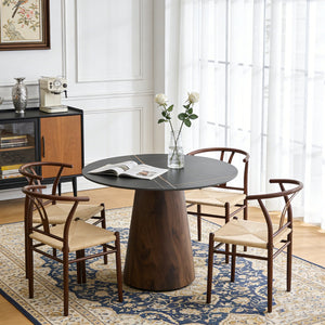 English Elm Table and Chair Set 42 Inch Round Stone Top with Rope Woven Wishbone Seats W2920S00144