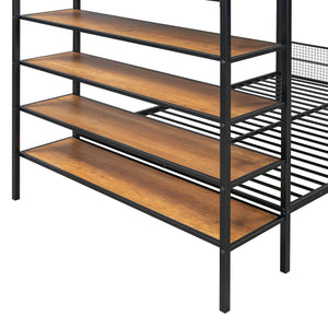 English Elm Twin Twin Over Full Metal Bunk Bed with 5-Tier Staircase Shelves, Space-Saving Storage & Wood Accents Black SF000175AAB