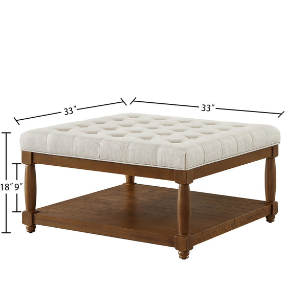 English Elm Large Square Tufted Ottoman with Wood Shelf Upholstered Footrest for Living Room Ivory W2186P204183