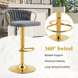 English Elm Set of 2 Velvet Swivel Barstools with Braided Rope Back and Adjustable Pedestal Base Gold,Gray W3875P383914