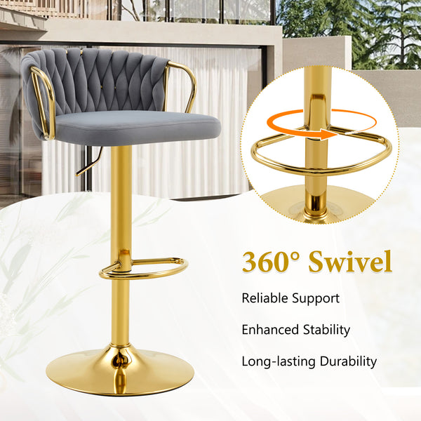 English Elm Set of 2 Velvet Swivel Barstools with Braided Rope Back and Adjustable Pedestal Base Gold,Gray W3875P383914