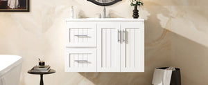 English Elm 36'' Wall Mounted Bathroom Vanity with Ceramic Sink, Solid Wood & MDF Floating Cabinet with Drawers White N710P293299K