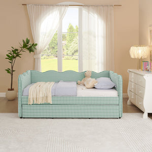 English Elm Cozy Gingham Linen Daybed with Pull Out Trundle Usb Port Wave Back Twin Sofa Cyan W1413S00120