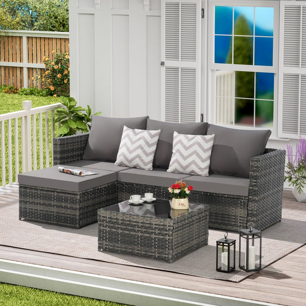 English Elm 2 Piece Outdoor Rattan Sectional Set with Ottoman and Glass Top Coffee Table Dark Gray W874P264737
