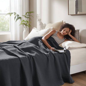 English Elm 1PC Luxurious 100% Cotton Waffle Blanket 90x90 for Full/Queen Beds – Breathable 300gsm Comfort DARK GREY 15.75 L x 12.2 W x 4.72 H B035P341138