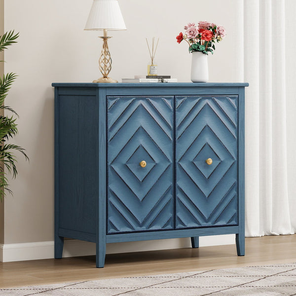 English Elm Geometric Diamond Embossed Sideboard Cabinet Matte Vintage Mdf Entryway Storage Blue W688P364739