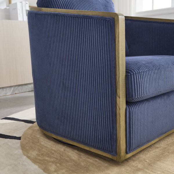 English Elm Corduroy Swivel Barrel Chair with Sturdy Wood Frame & Metal 360° Base, Plush Corduroy Comfort Pop Navy W395P220273