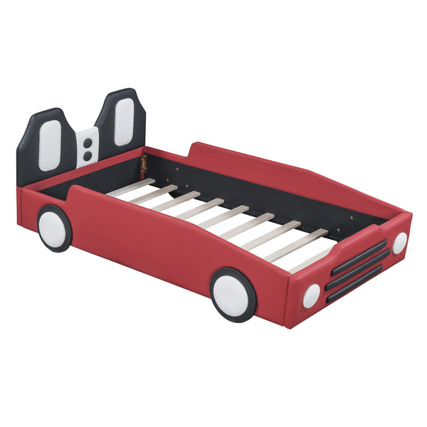 English Elm Twin Race Car Platform Bed with Wheels for Kids — Sturdy PU Leather Frame, Safety Rails, 250lb Capacity Red SF000128AAJ