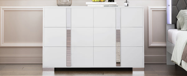 English Elm Elegant Mirrored Dresser with Metal Feet and 6 Spacious Drawers for Organized, Modern Living Spaces White 54.25 L x 20.75 W x 8.5 H N733P307943W