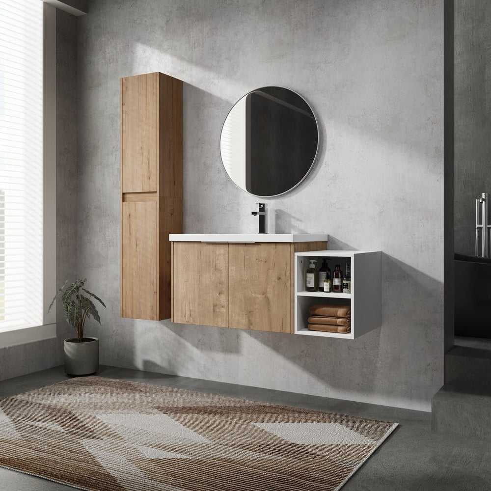 English Elm 42" Wall-Mounted Bathroom Vanity Set With Soft-Close Doors, Resin Sink & Side Cabinets For Style W999S00236