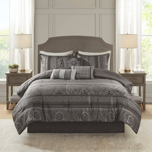 JLA Home Madison Park - 7 Jacquard Comforter Set with Luxe Textured Weave, Leaf and Ironwork Motifs, 7-Piece Tailored Ensemble 90 L x 90 W x 1.5H MP10-4882